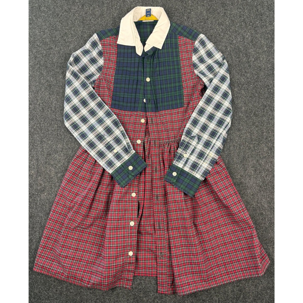 Polo Ralph Lauren Girls Plaid Patchwork Shirt Dress Red Green Blue Size 8